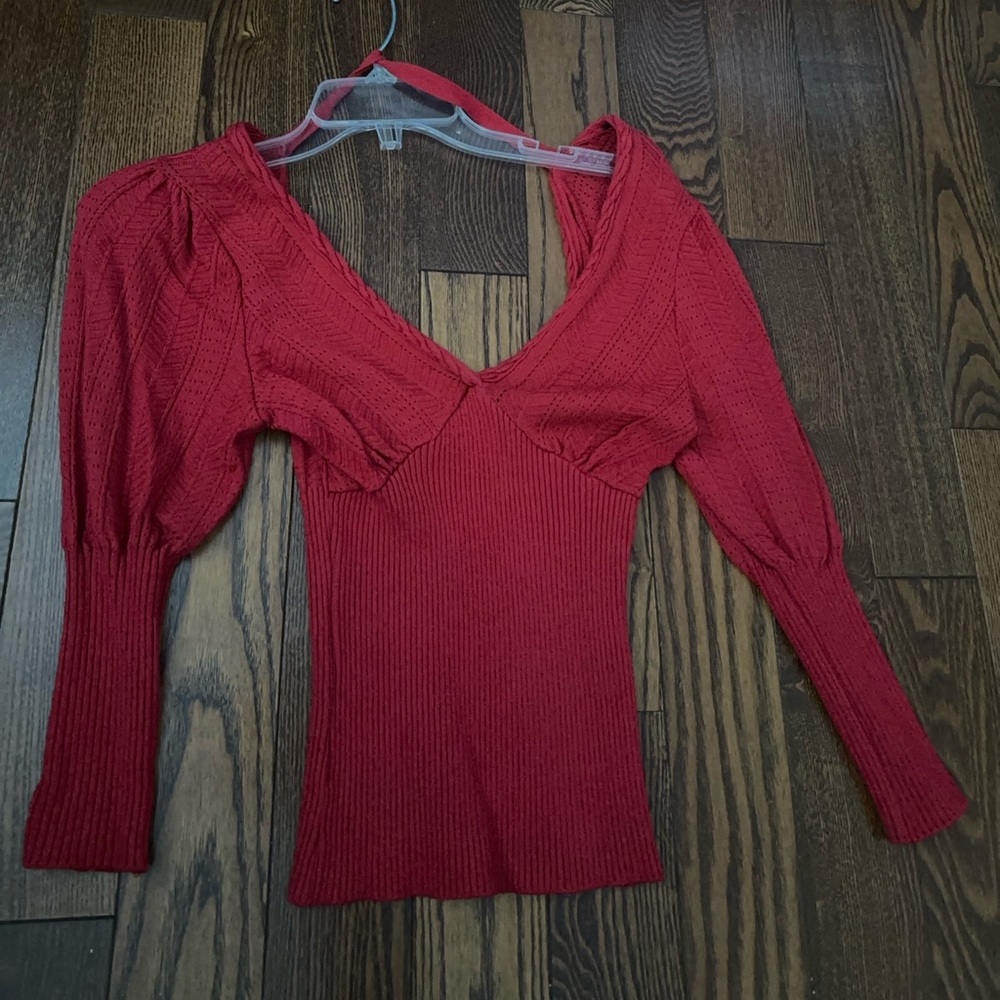 bebe Red V-Neck Ribbed Sweater